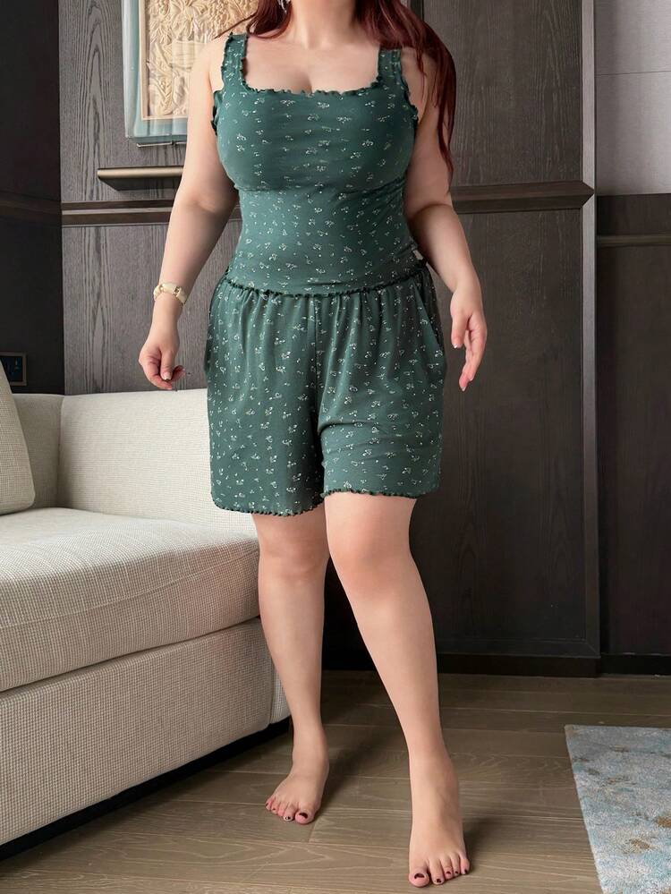 Dazy Plus Comfortable Small Ditsy Floral Knit Sleeveless Tank Top And Shorts 2-Piece Pajama Set, Plus Size Women Spring/Summer