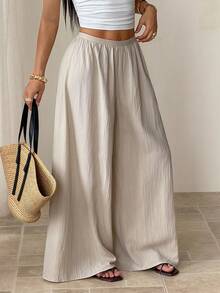 SHEIN PETITE Quần dài mùa hè dáng rộng, chất liệu có họa tiết, kiểu dáng thường ngày. - Màu be - Xem 4