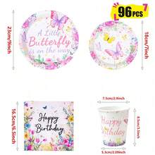 Little Butterfly Happy Birthday Disposable Plates, Napkins And Paper Cups Party Set, Serves 24 Guests. This Disposable Paper Plate Party Tableware Is Suitable For Birthdays, Weddings, Themed Parties And Family Picnics. - View 9