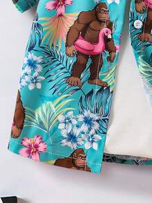 SHEIN Conjunto de camisa de manga corta y pantalones cortos con estampado de plantas tropicales para niño pequeño, conjunto de verano de 2 piezas para niños - Verde - Ver 8
