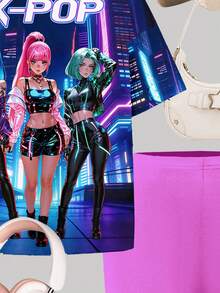 2 sztuki kontrastowego koloru dopaminy, zestaw szortów i koszulki z krótkim rękawem dla nastolatek z kreskówek K-POP, idealny na wiosnę/lato, do noszenia na co dzień, do domu i na sport - Wielokolorowe - Zobacz 6