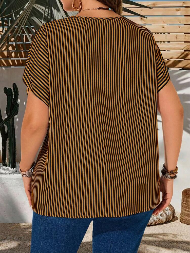 Plus Size Women Striped V-Neck Short Sleeve Casual Button-Up Shirt Summer Tops Summer Outfits Spring Clothing Spring Outfit Festival Outfits For Women Vacation Outfits Women Holiday Outfits For Women Summer Holiday Outfits Country Style For Women Blouse For Women Casual Elegant Short Sleeve Blouse