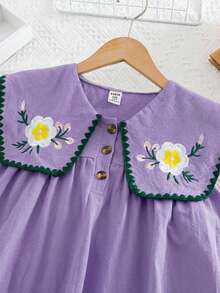 SHEIN Tween Girls/Tween Girl Girls Pastoral Floral Embroidered Pattern Ruffle Collar Puff Sleeve Dress,Versatile Round Neck Trim Contrast Color - Purple - View 7