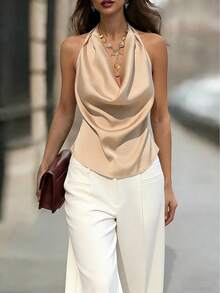 Ellegaria. 女士时尚缎面亮面垂褶露背蝴蝶结系带吊带背心，流畅垂褶优雅小众设计奢华无袖上衣 - 香檳色 - 查看 5