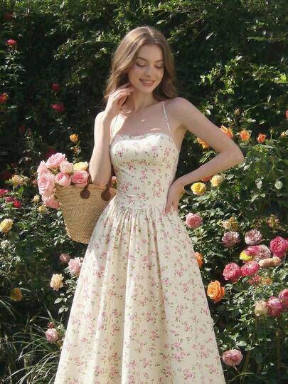 SHEIN MOD Vestido midi floral justo com amarração nas costas