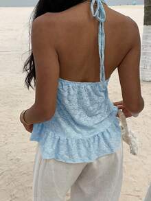 Flirla Maglietta casual versatile da donna con motivo floreale, arricciatura e collo alla halter - Blu - Visualizzare 2