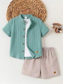 2件套男童休闲舒适百搭立领短袖衬衫短裤套装，适合外出、户外、度假、派对、夏季海滩度假、夏日氛围、节日等场合。 - 彩色 - 查看 3