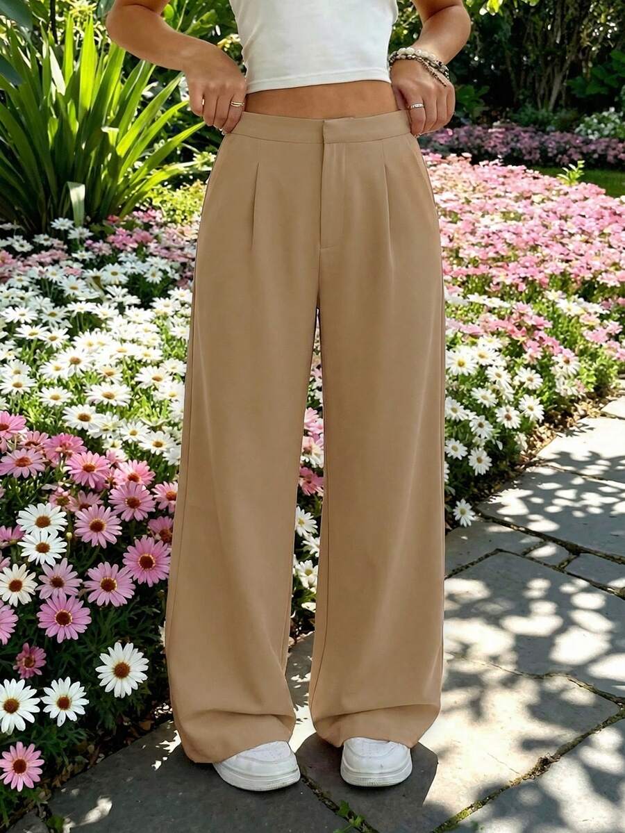 SHEIN Quần dài xếp ly cạp cao dáng rộng màu đen dành cho nữ và thiếu nữ, thích hợp cho mùa xuân, hè, thu và đông. - Màu Khaki - Xem 1