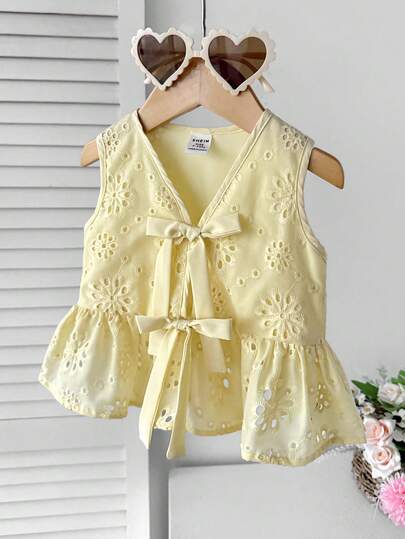 SHEIN Blusa casual de textura jacquard con lazo al frente, forro suave y no irritante, para niña bebé para uso diario y vacaciones