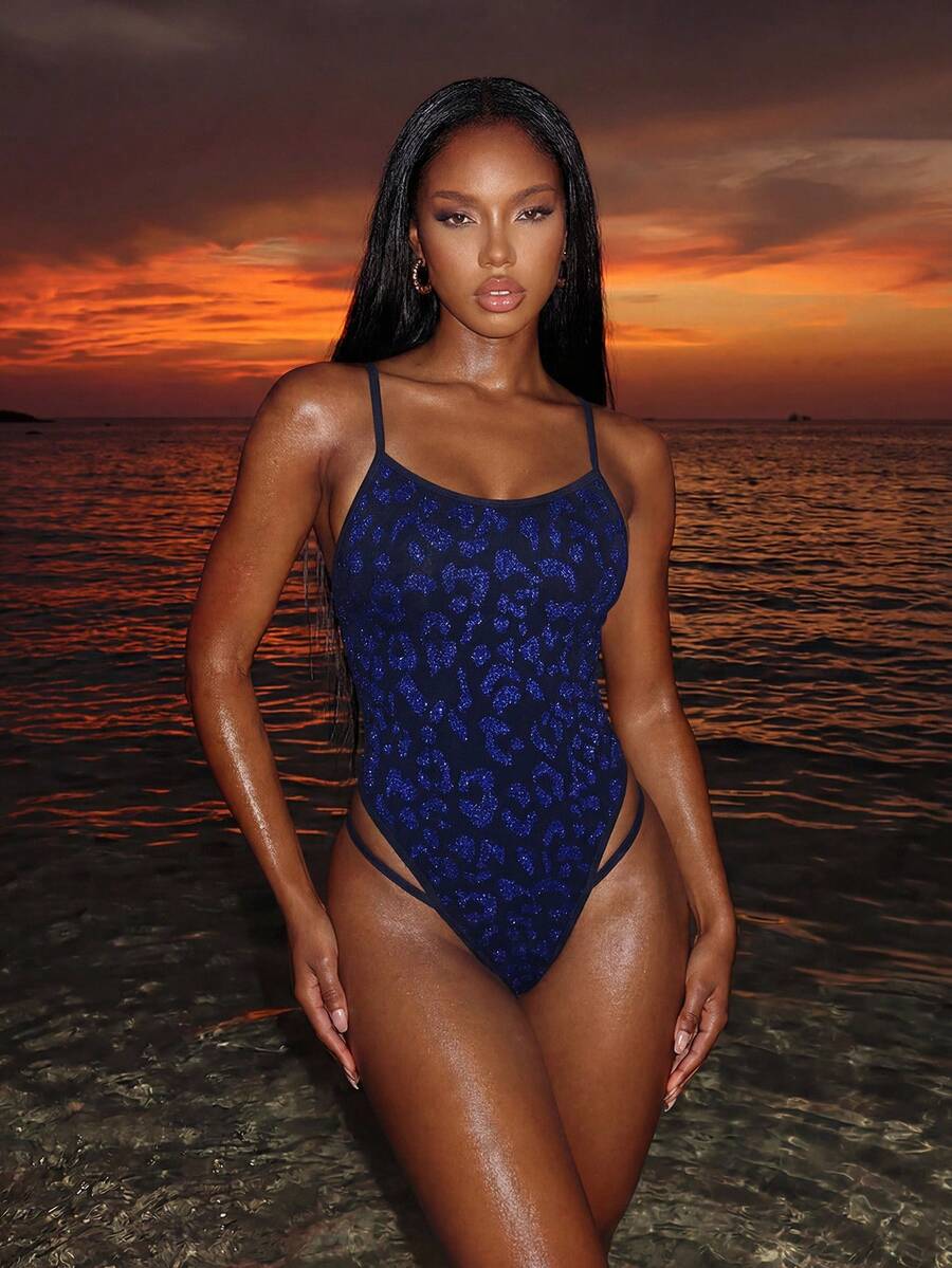 Zestiva 性感连体泳衣，金属豹纹印花面料，交叉后背绑带，春夏海滩度假性感女士连体泳衣，蓝色猎豹泳衣，Y2K泳衣，豹纹泳衣，女士性感连体泳衣，女士泳装，女士连体泳衣，女士泳装，女士连体泳衣 - 彩色 - 查看 1