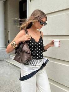 Serisse Elegant Black Background White Polka Dot Print Lace Patchwork Casual Minimalist Style Tank Top, Versatile & Retro, Suitable For Spring/Summer - Multicolor - View 3