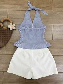 Franclia Women's Striped Halter Tie Top And Shorts Casual 2 Pieces Set - Multicolor - View 2