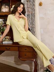 Côtesoire Women's Solid Color Knitted Ribbed Bow Decor Casual Pajama Set - Yellow - View 6