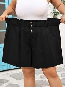 SHEIN CURVE+ Curve 尺码 US22 音乐节、海滨度假、波西米亚风女士黑色亚麻弹力褶皱休闲短裤，春夏女士短裤，春夏波西米亚复古棉质短裤 - 黑色 - 查看 8