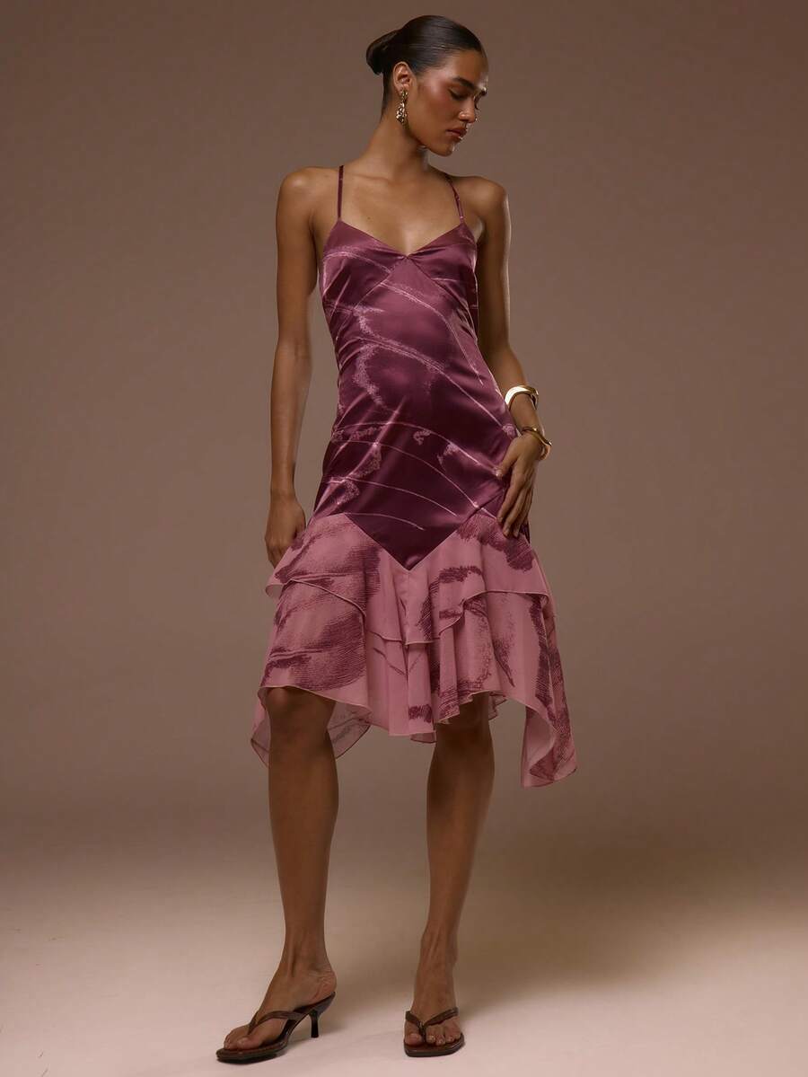 MUSERA Đầm midi hai dây cổ chữ V in họa tiết, dáng xòe bất đối xứng, xếp ly bồng bềnh, thích hợp cho mùa hè, xuân, gợi cảm, dễ thương, đi nghỉ mát, du lịch, dự tiệc, Ibiza, thanh lịch, hoàng hôn, thắt dây. - Nhiều màu - Xem 1