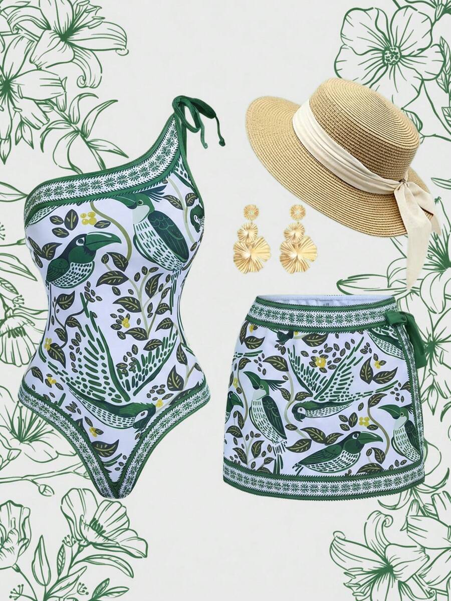 Swim Oasis Bộ đồ bơi liền thân và váy quấn nữ Xuân/Hè 2026 SS thanh lịch, lãng mạn phong cách BOHO, họa tiết lá nhiệt đới, hoa lá, phong cảnh, bất đối xứng vai, dây đeo nơ điều chỉnh được, thích hợp cho bãi biển, kỳ nghỉ, tiệc trà chiều, dã ngoại, tiệc tùng, mặc hàng ngày, hoạt động ngoài trời, trang phục thời trang. - Màu xanh lá cây đậm - Xem 1