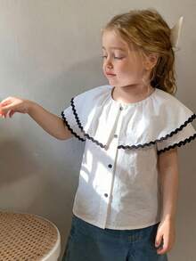 DAZY Young Girls Contrast Color Ruffle Trim Casual Korean Style Short Sleeve Shirt, Spring/Summer - White - View 2