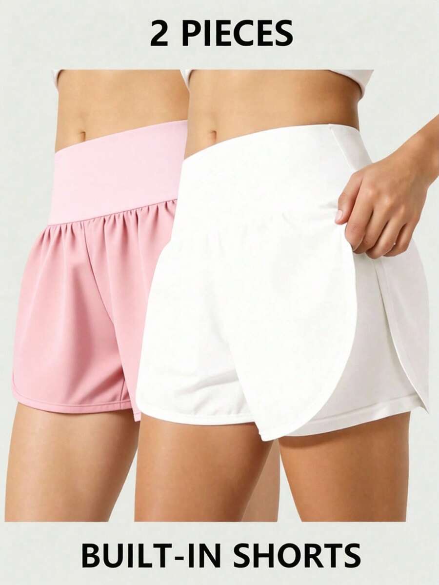 SHEIN 2 chiếc quần short cạp cao dáng rộng thoải mái đa năng dành cho bé gái tuổi teen, thích hợp cho chạy bộ, thể thao và các hoạt động ngoài trời mùa hè.