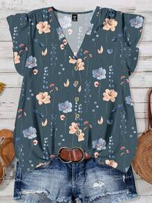 EMERY ROSE Kemeja Kasual Minimalis Motif Bunga Pink & Biru Ukuran Besar, Cocok untuk Musim Panas dan Gugur - MultiWarna - View 1