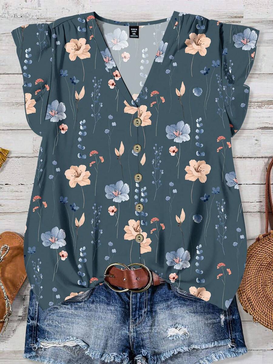 EMERY ROSE Kemeja Kasual Minimalis Motif Bunga Pink & Biru Ukuran Besar, Cocok untuk Musim Panas dan Gugur - MultiWarna - View 1