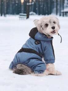 时尚蓝黑狗狗连体雪服，带帽设计 - 防水保暖，适合小型犬，冬季散步和户外活动的理想之选，带牵引绳孔设计，宠物服装，冬季保暖狗狗外套 - 藍色 - 查看 2