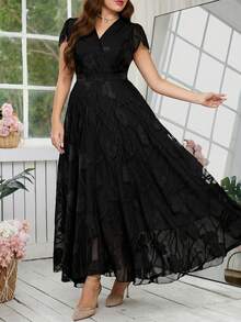 Reflora Vestido floral elegante para mujer de talla grande, vestido de invitada de boda de verano - Negro - Ver 3