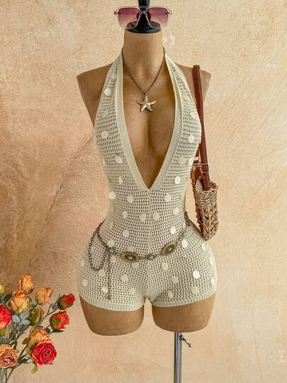 Soleia Women's Solid Color Sequin Halter Backless Casual Jumpsuit For Vacation