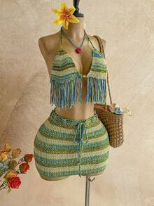 Soleia 女士度假风流苏下摆露背针织上衣和针织迷你裙两件套 - 彩色 - 查看 7