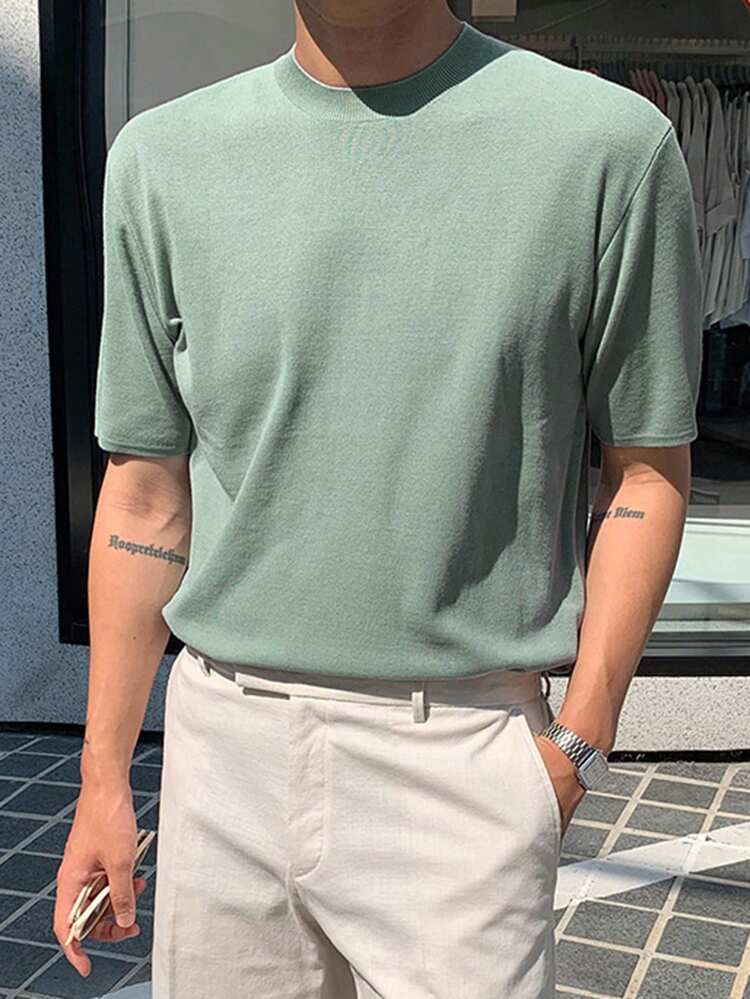 Men's Solid Mint Green Short Sleeve Knit Top, Suitable For Commuting In Summer