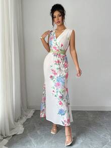 SHEIN Elenzya Standard Size Women's Vacation Printed Tie-Up Elegant Long Dress - Apricot - View 7