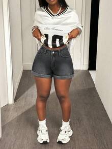 SHEIN SXY Pantalones cortos de mezclilla lavados informales para mujer de talla grande, verano - Gris Oscuro - Ver 6