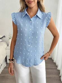 Louniche French Elegant Ruffle Sleeveless Blouse Baby Blue Shirt Button Up Top Baby Blue Top Women Women Shirts For Summer Light Blue Blouse Baby Blue Blouse Button Up Blouse Button Up Tops Womens Work Shirts Work From Home Outfits Womens Tops And Blouses Work Blouses Work Outfits Women - Blue - View 6
