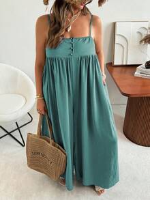 Bộ áo liền quần xếp ly màu trơn dáng rộng dành cho nữ cỡ lớn, kiểu dáng thường ngày, ống rộng. - màu xanh lá - Xem 5