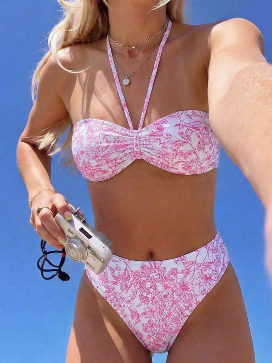 SHEIN Áo hai dây bikini chấm bi cho bé gái tuổi teen, thích hợp cho kỳ nghỉ hè ở bãi biển. - Hồng - Xem 1