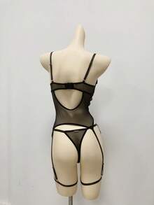 SHEIN 4pcs/Set Lace & Mesh Panel Tie Front Women Sexy Lingerie Set For Going Out, Baddie Look - Black - View 2