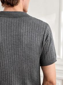 Officeau Polo de manga corta de punto acanalado de ajuste holgado y unicolor para hombre - Gris Oscuro - Ver 4