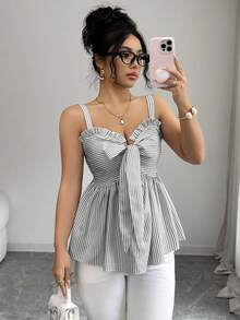 Qadelle Áo camisole nữ mùa xuân/hè mới, thiết kế thời trang với dây buộc, điểm nhấn nơ, sọc xanh trắng, ôm eo, gợi cảm và tôn dáng, đa năng cho cả mặc hàng ngày và hẹn hò. - màu đen - Xem 5