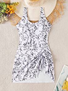 Swim Lushoire Baju Renang Terusan Wanita dengan Motif Tanaman Acak dan Bagian Depan Berpilin - Hitam dan Putih - View 3