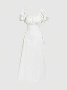 SHEIN MOD Petal Sleeve Tie-Waist Solid Color Square Neck Mid-Length Dress - White - View 3