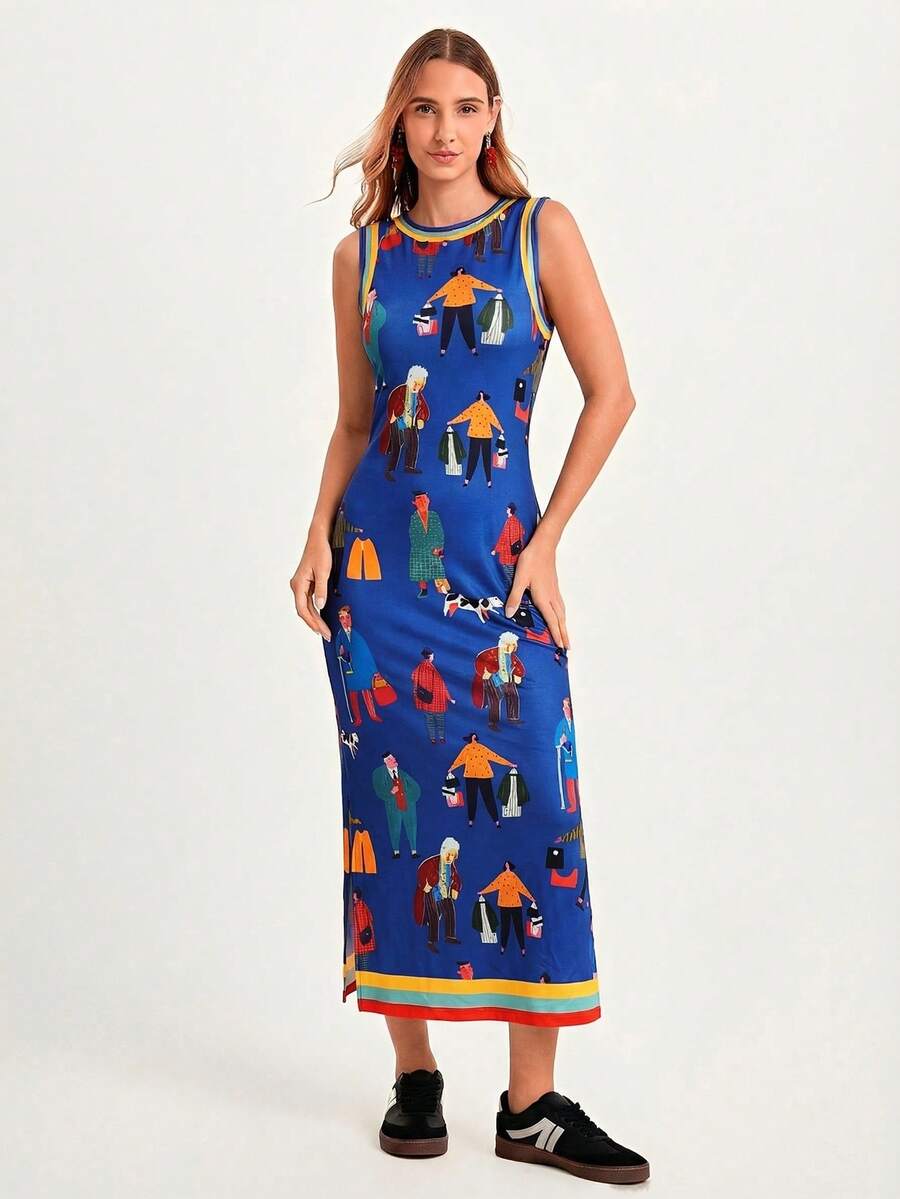 CAJUNI People's Market Print Knit Mid Dress,Summer Dresses For Women, - Royal Blue - View 1