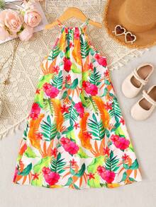 SHEIN Đầm chiffon cổ yếm họa tiết hoa nhí nhiệt đới cho bé gái tuổi teen, thích hợp mặc đi nghỉ mát mùa hè. - Nhiều màu - Xem 5