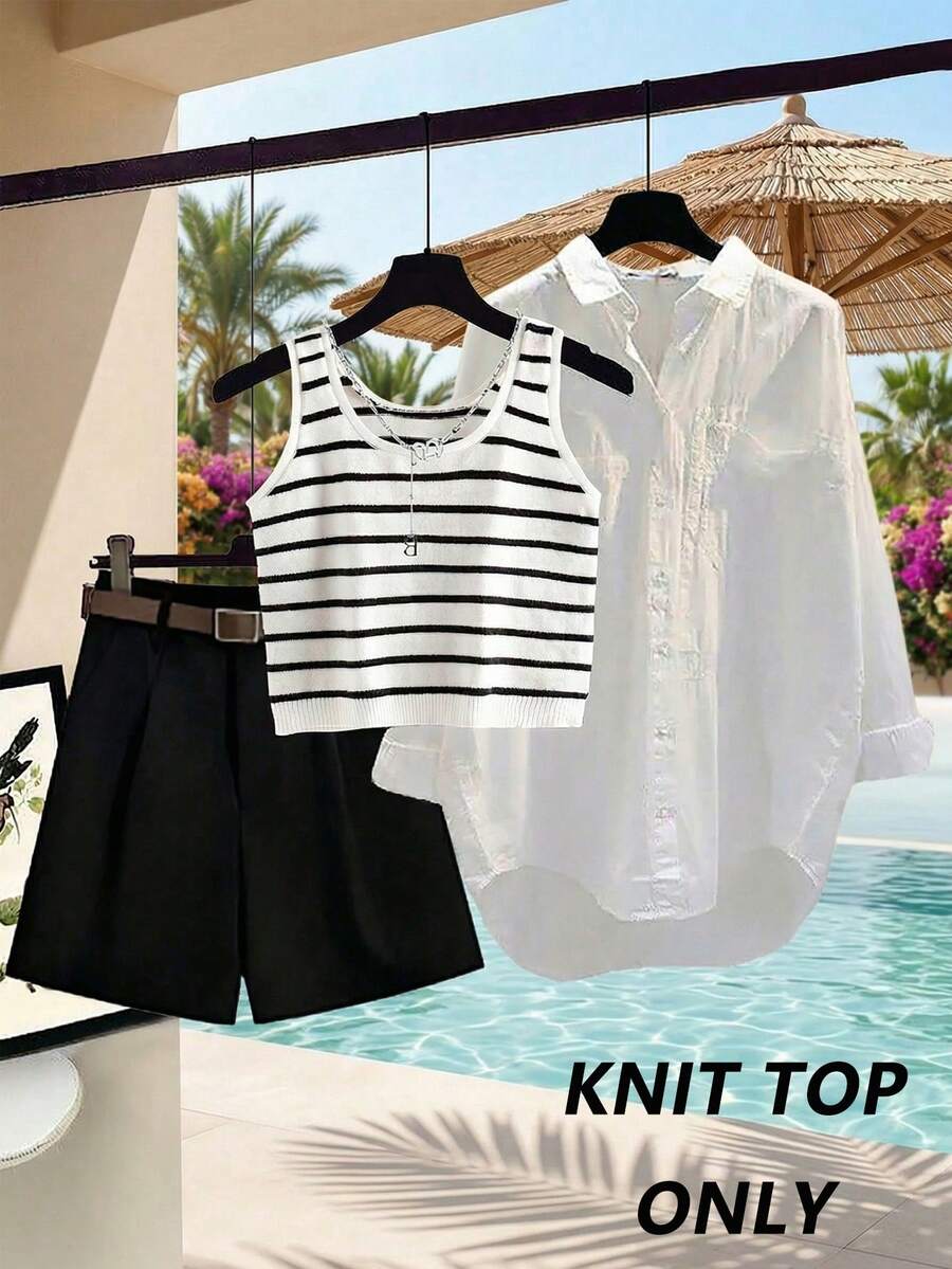 Lyxana Women's Casual Versatile Striped Sleeveless Knit Top, Summer - Black and White - View 1