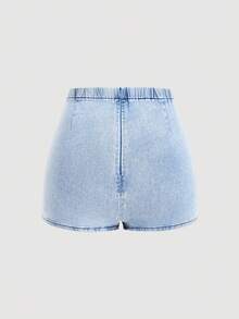 SHEIN PETITE CURVE Plus Size Women Blue Denim Elastic Skinny Shorts Jorts - Light Wash - View 2