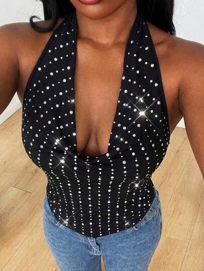 SHEIN SXY Black Sequined High-Elastic Knit Mesh Halter Neck Sleeveless Sexy Women's Vest Top.Spring/Summer Casual Vacation Bohemian Elegant Suitable For Everyday Wear, Music Festival, Concert, Carnival Party, Beach Vacation, Date Night, Birthday, Bachelorette Party, Club, Cute, Casual, Shopping, Street Wear, Going Out, Easy To Match & Looks Slim, Accent Your Body, Flatter The Figure