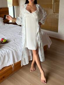 DAZY 女士碎花长袖睡袍和吊带睡衣套装 - 米色 - 查看 8