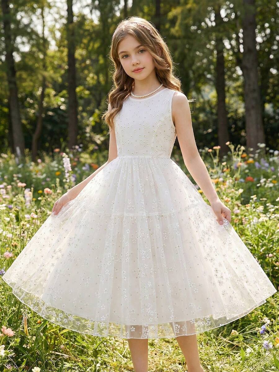 Đầm dự tiệc không tay cổ tròn bằng vải lưới hoa cho bé gái tuổi teen - trắng - Xem 1