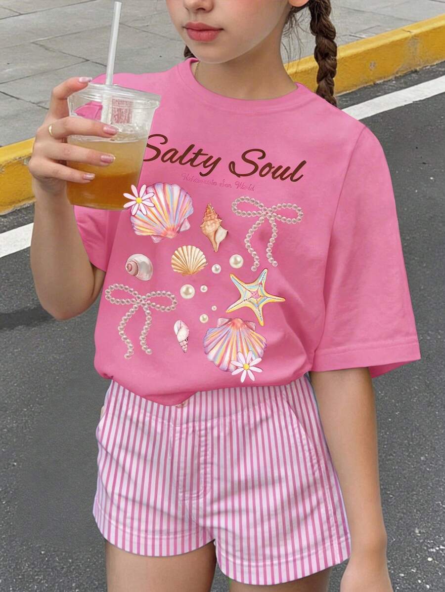 淺粉色夏季休閒可愛圖案海灘度假青少年女孩款 Salty Soul 海星貝殼珍珠蝴蝶結短袖圓領T恤,春季 - 彩色 - 查看 1