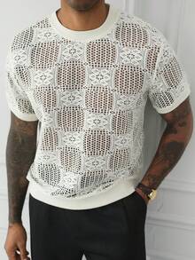 HUEFORM T-shirt à manches courtes pour hommes, de couleur unie, avec un tissu de type crochet, pour les vacances d'été à la plage - Blanc - Voir 1