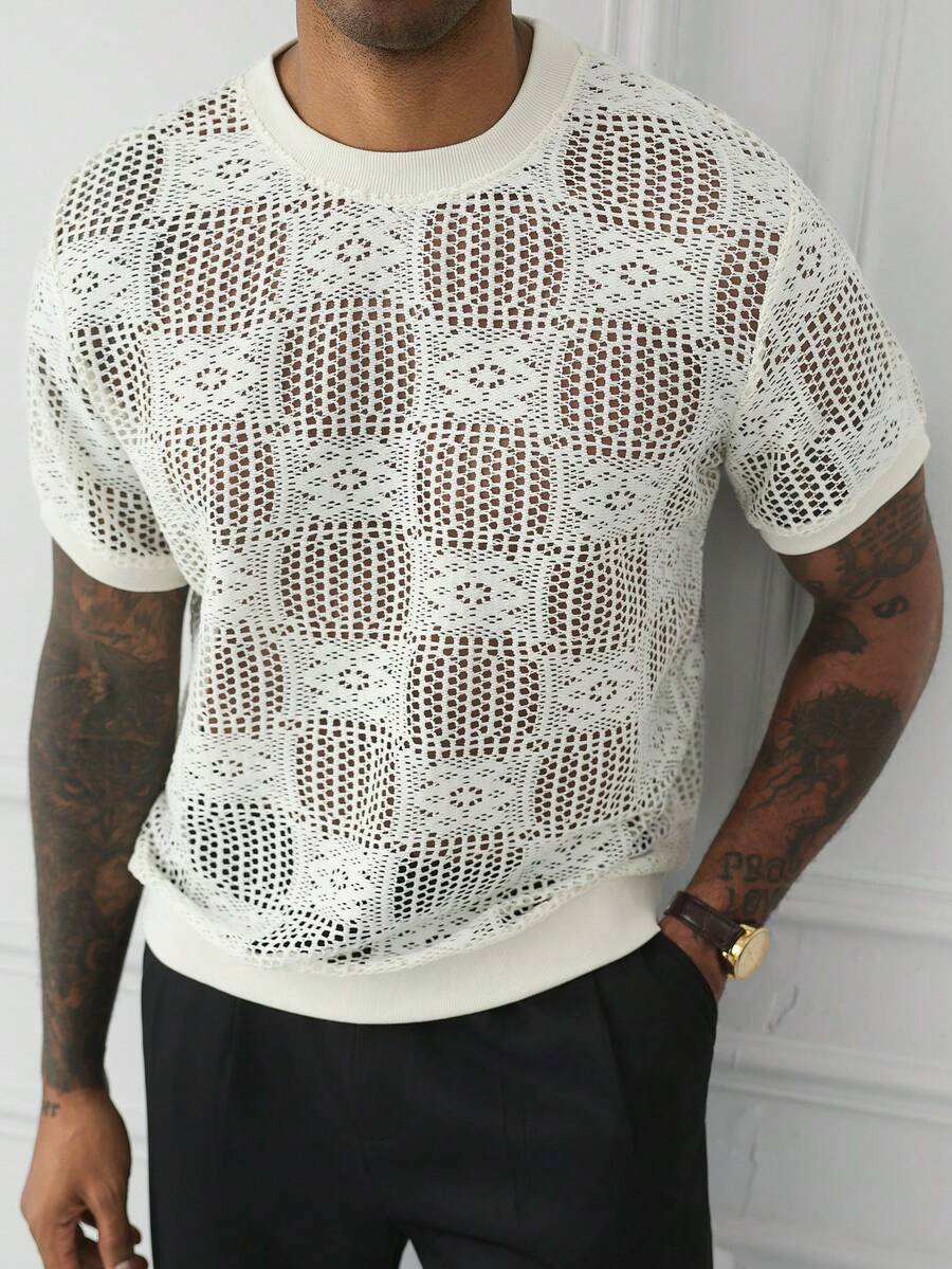 HUEFORM T-shirt à manches courtes pour hommes, de couleur unie, avec un tissu de type crochet, pour les vacances d'été à la plage - Blanc - Voir 1