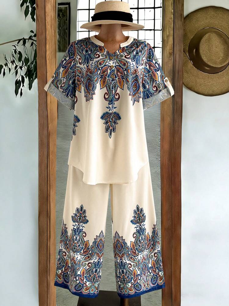 Plus Size Women's Summer Bohemian Style Printed Notch Neck Roll Tab Sleeve Loose Top And Wide Leg Pants Set,Women's Country Clothing ,Summer Holiday Outfits
